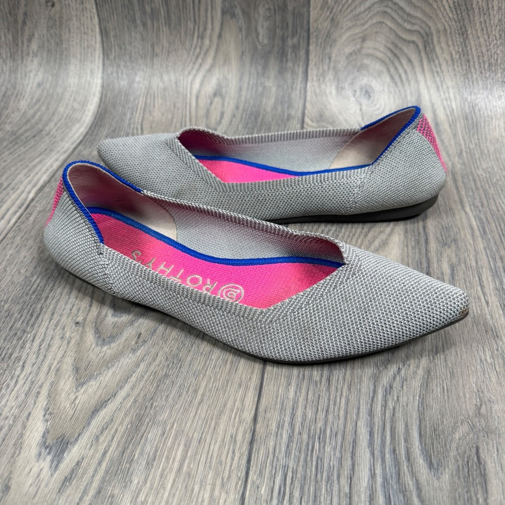 Rothy's The Point Flats Women Size 7‎ Grey Pink Stripe Pointed Toe Knit Shoes